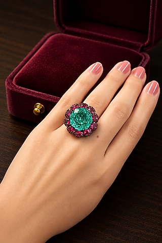 Black Rhodium Finish Aqua Blue Stone Floral Ring by AVSA Jewels