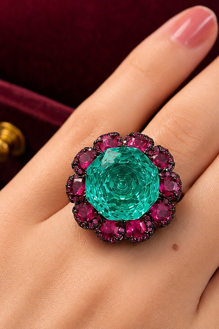 Black Rhodium Finish Aqua Blue Stone Floral Ring by AVSA Jewels at Pernia's Pop Up Shop