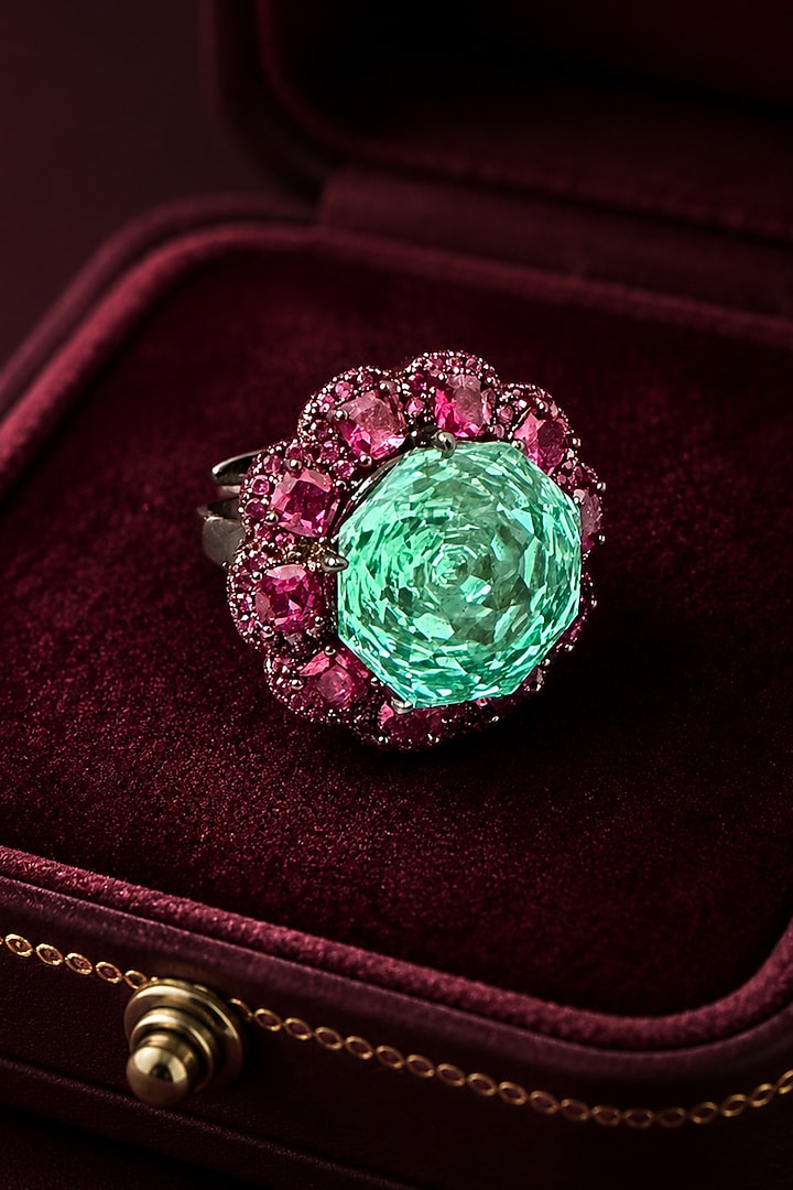 Black Rhodium Finish Aqua Blue Stone Floral Ring by AVSA Jewels at Pernia's Pop Up Shop