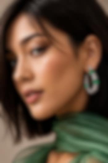White Finish Diamond & Emerald Green Stone Hoop Earrings by AVSA Jewels at Pernia's Pop Up Shop