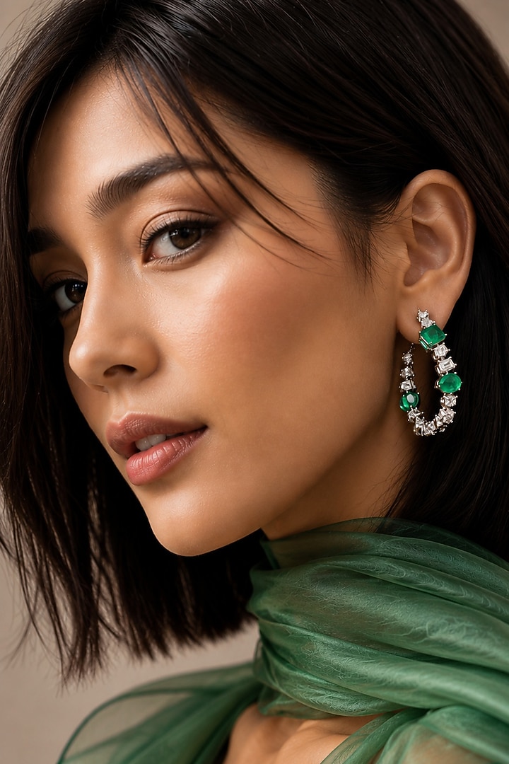 White Finish Diamond & Emerald Green Stone Hoop Earrings by AVSA Jewels at Pernia's Pop Up Shop