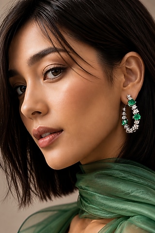 White Finish Diamond & Emerald Green Stone Hoop Earrings by AVSA Jewels