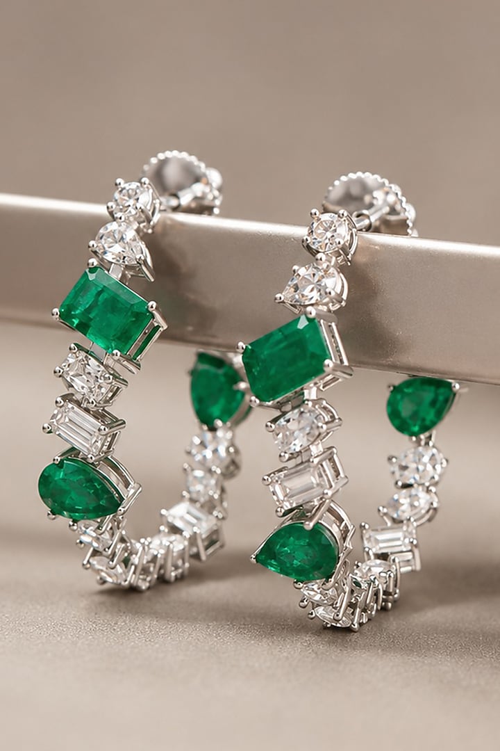 White Finish Diamond & Emerald Green Stone Hoop Earrings by AVSA Jewels at Pernia's Pop Up Shop