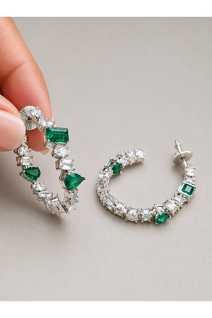 White Finish Diamond & Emerald Green Stone Hoop Earrings by AVSA Jewels at Pernia's Pop Up Shop