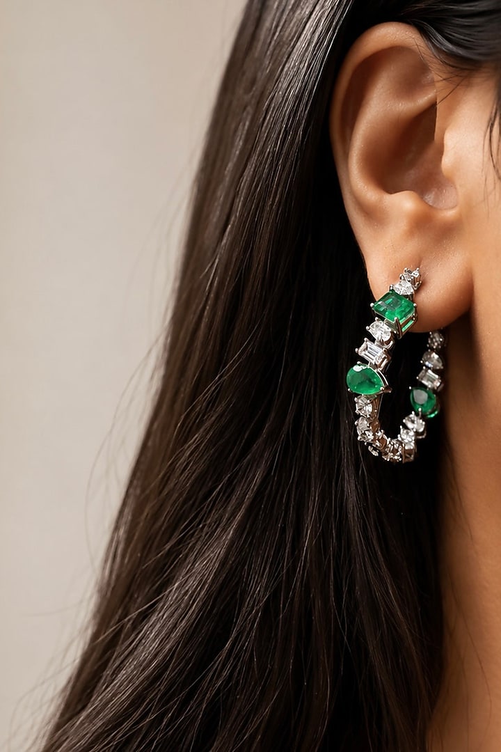 White Finish Diamond & Emerald Green Stone Hoop Earrings by AVSA Jewels at Pernia's Pop Up Shop