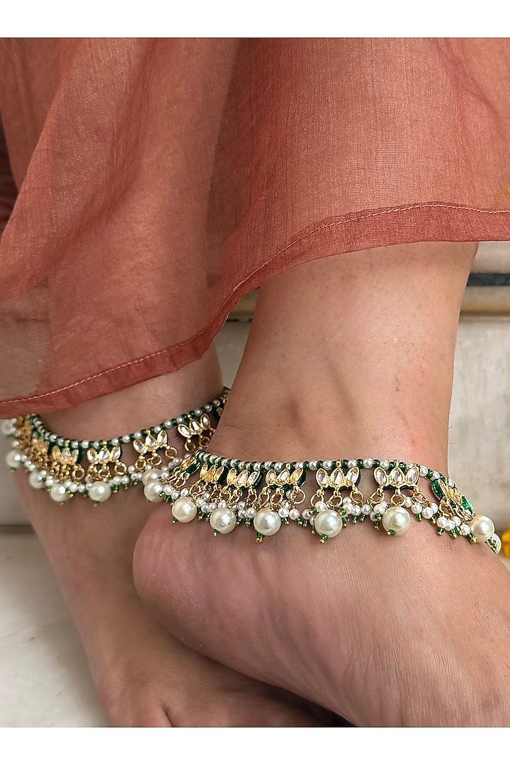 Gold Finish Green Kundan Polki Anklets (Set Of 2) by AVSA Jewels at Pernia's Pop Up Shop