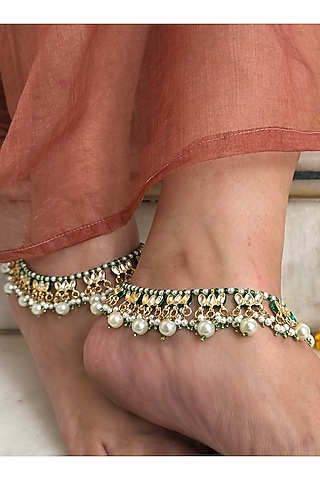 Gold Finish Green Kundan Polki Anklets (Set Of 2) by AVSA Jewels