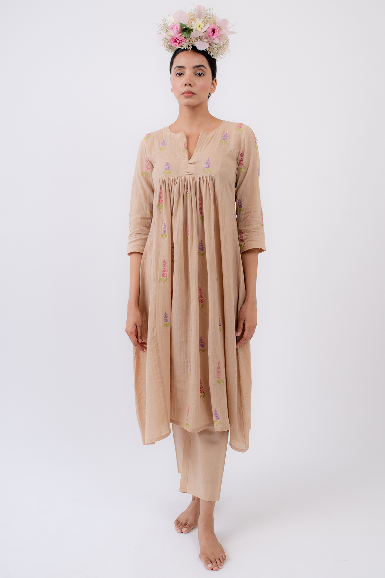 Tan Gauge Cotton Embroidered Kurta Set by Avaasya Jaipur at Pernia's Pop Up Shop