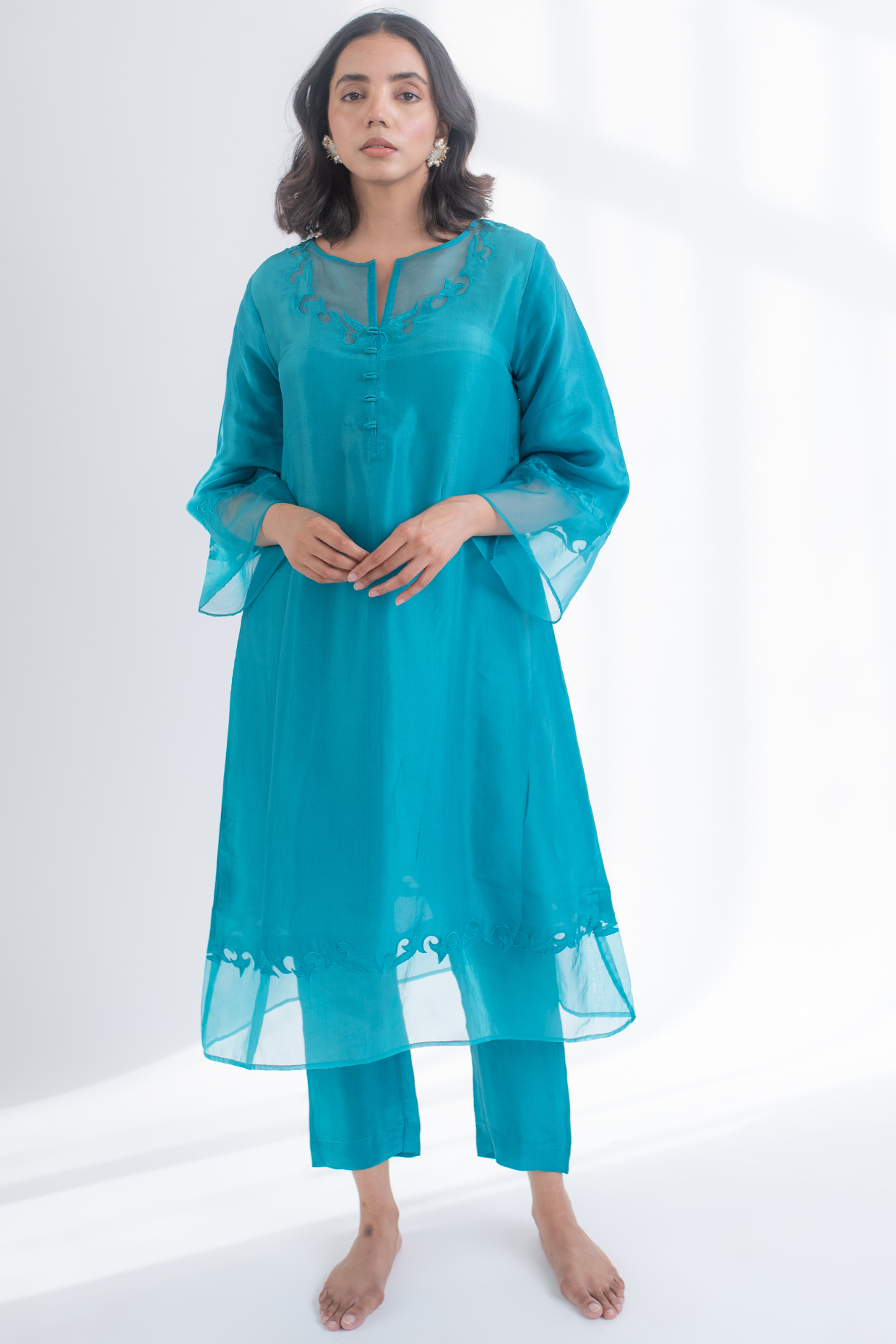 Teal Upada Silk A-Line Kurta Set by Avaasya Jaipur at Pernia's Pop Up Shop