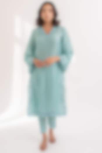 Tiffany Blue Upada Silk Embroidered Kurta Set by Avaasya Jaipur at Pernia's Pop Up Shop