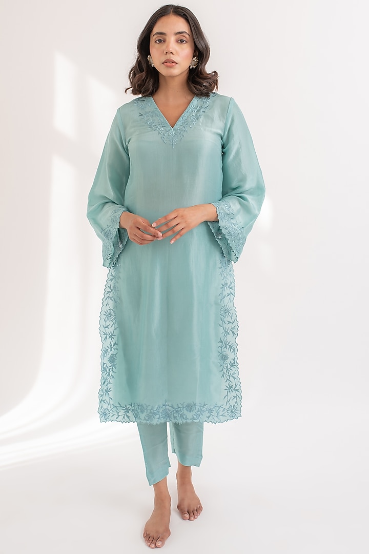 Tiffany Blue Upada Silk Embroidered Kurta Set by Avaasya Jaipur at Pernia's Pop Up Shop