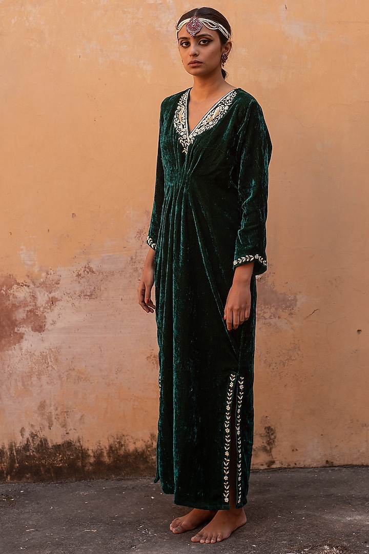 Deep Green Silk Velvet Embroidered Kaftan by Avaasya Jaipur