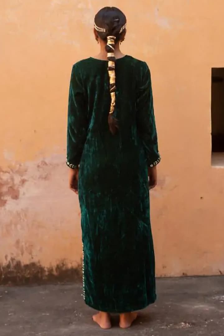 Deep Green Silk Velvet Embroidered Kaftan by Avaasya Jaipur at Pernia's Pop Up Shop