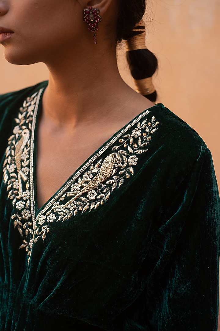 Deep Green Silk Velvet Embroidered Kaftan by Avaasya Jaipur at Pernia's Pop Up Shop