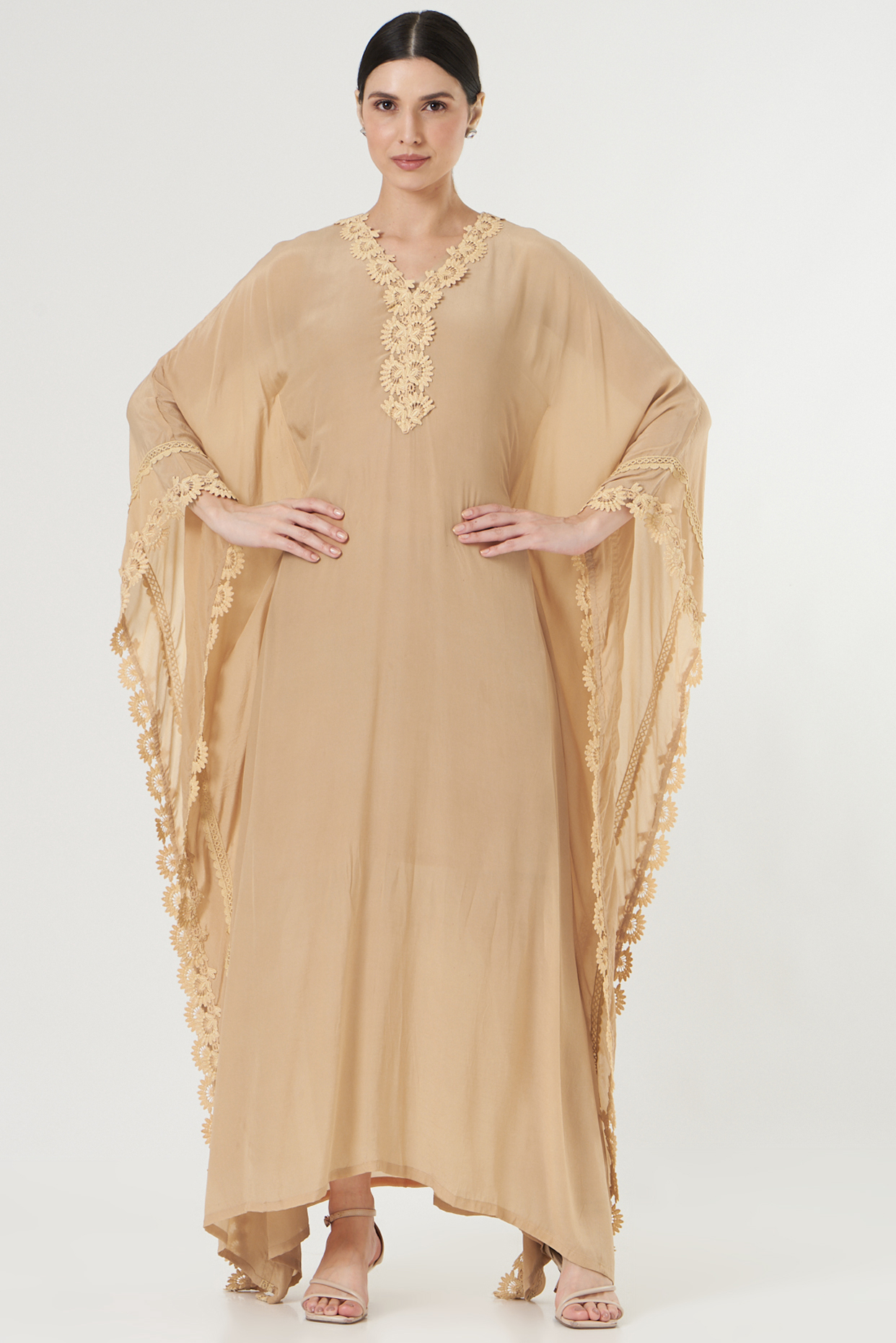 Bisque Beige Crepe Kaftan With Slip by Avaasya Jaipur at Pernia's Pop Up Shop