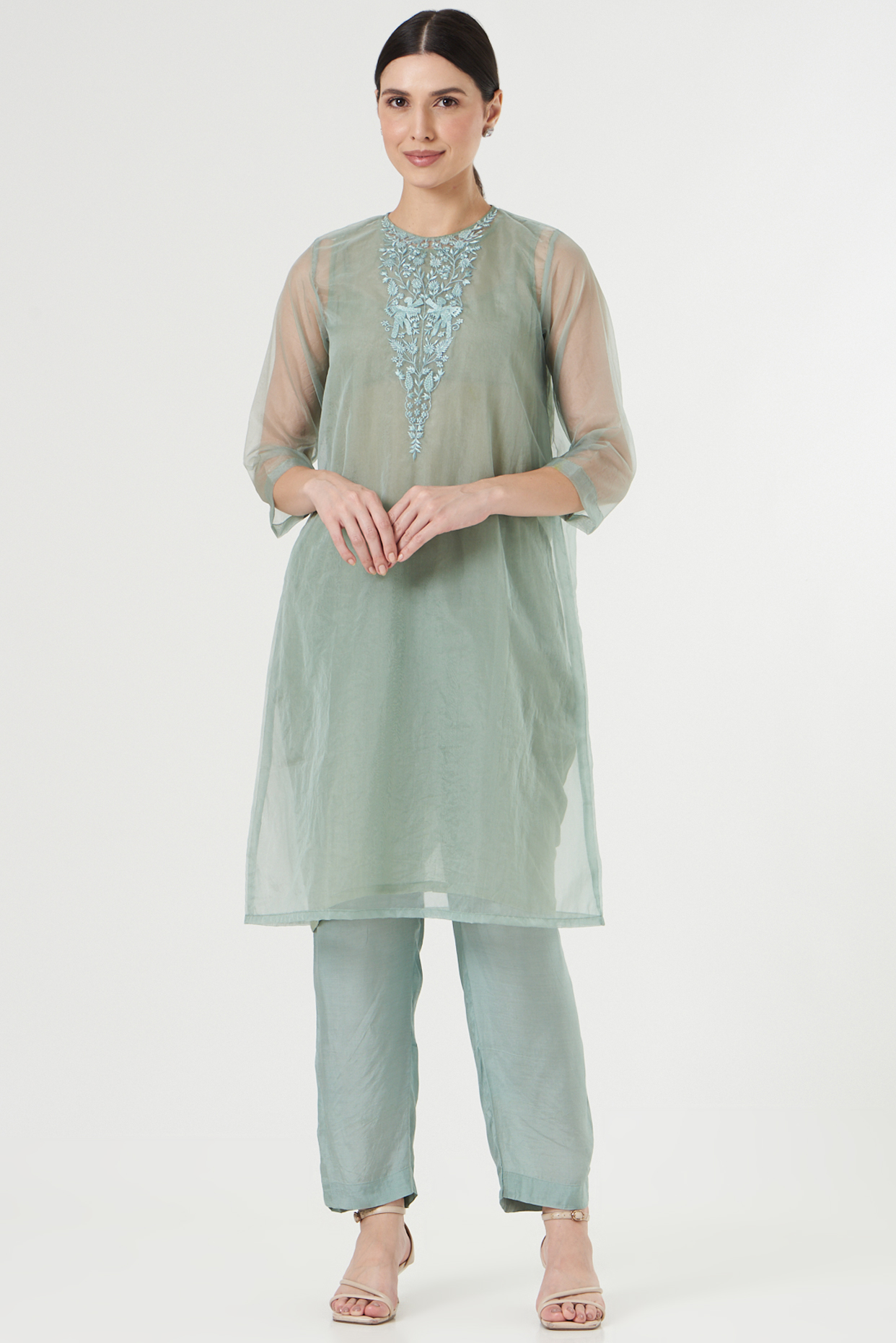 Light Turquoise Embroidered Kurta Set by Avaasya Jaipur at Pernia's Pop Up Shop