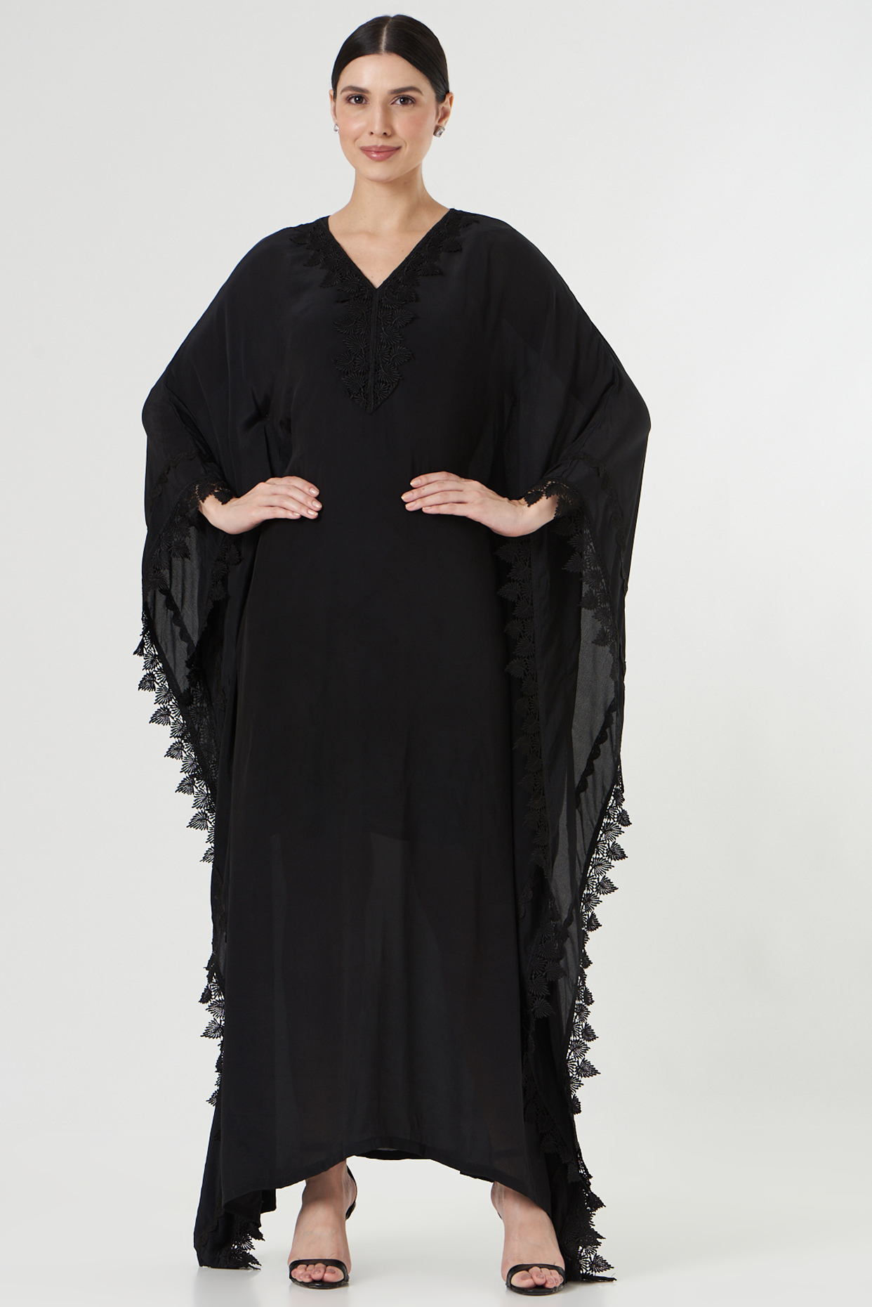 Midnight Black Crepe Kaftan With Slip by Avaasya Jaipur at Pernia's Pop Up Shop