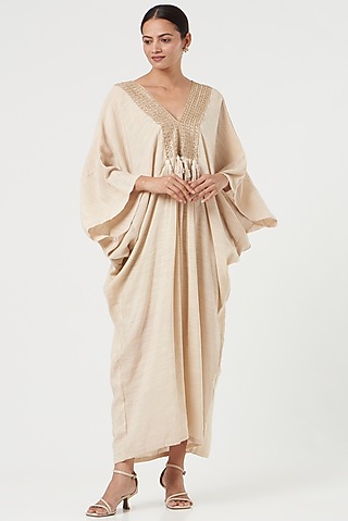Powder White Handloom Linen Kaftan With Slip by Avaasya Jaipur