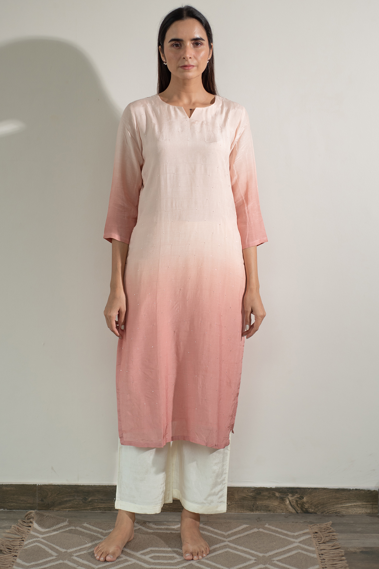 Apricot Peach Ombre Embroidered Kurta Set by Avaasya Jaipur at Pernia's Pop Up Shop