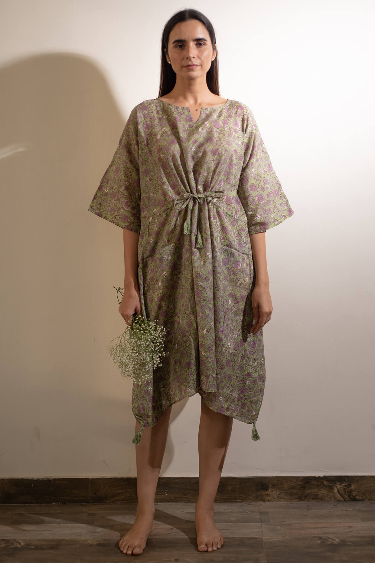 Celedon Green Embroidered Kaftan by Avaasya Jaipur