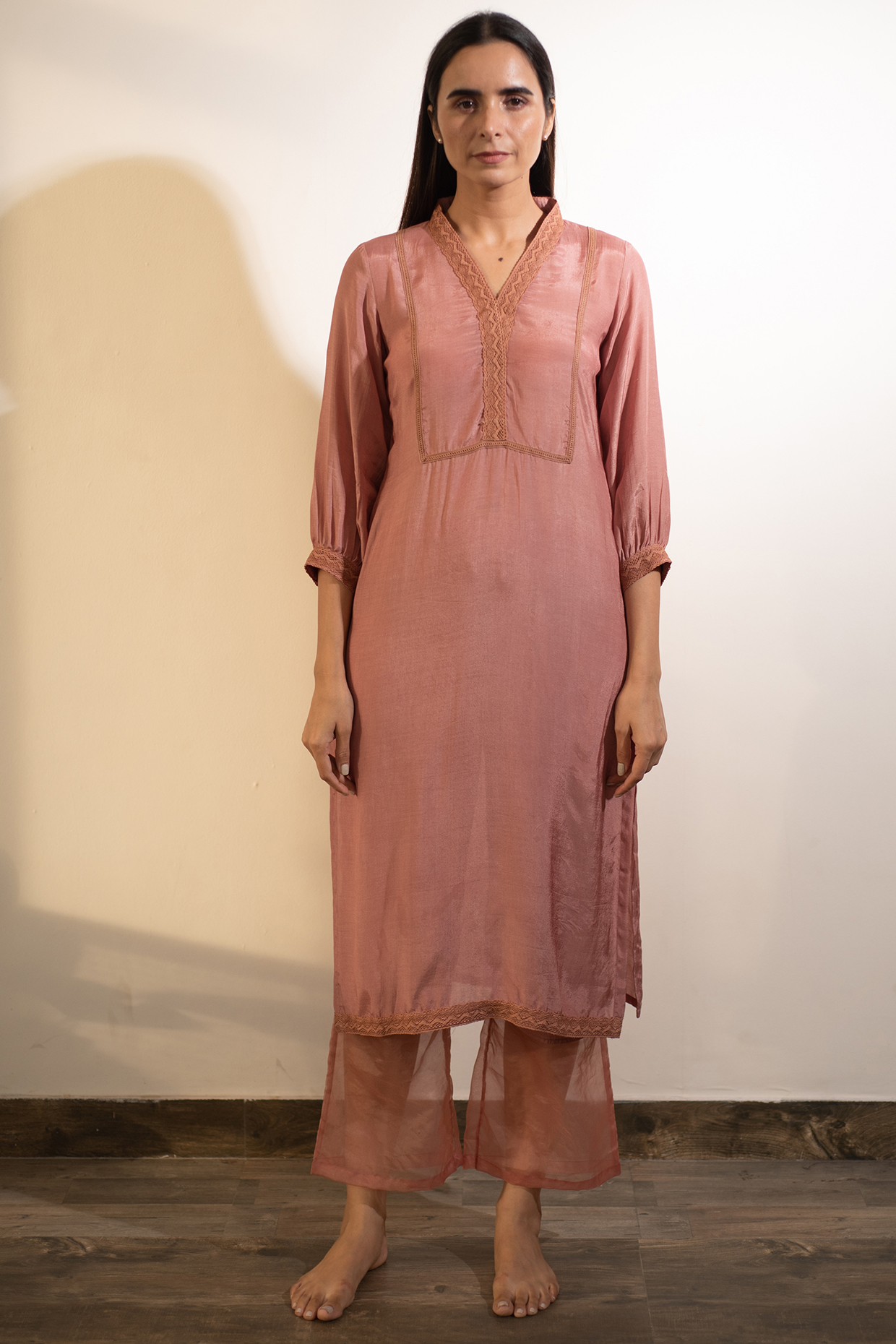 Flamingo Pink Lace Embroidered Kurta Set by Avaasya Jaipur at Pernia's Pop Up Shop