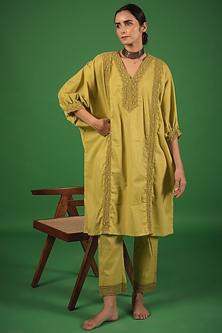 Lime Organic Cotton Crochet Lace Kaftan Kurta Set by Avaasya Jaipur