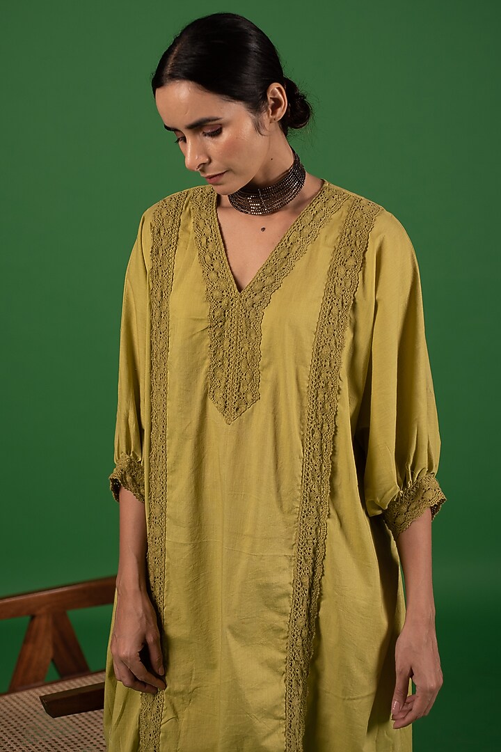 Lime Organic Cotton Crochet Lace Kaftan Kurta Set by Avaasya Jaipur at Pernia's Pop Up Shop