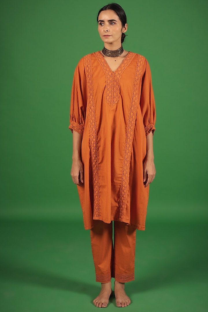 Rust Orange Organic Cotton Crochet Lace Kaftan Kurta Set by Avaasya Jaipur