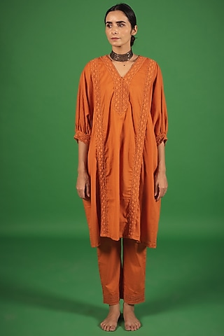 Rust Orange Organic Cotton Crochet Lace Kaftan Kurta Set by Avaasya Jaipur
