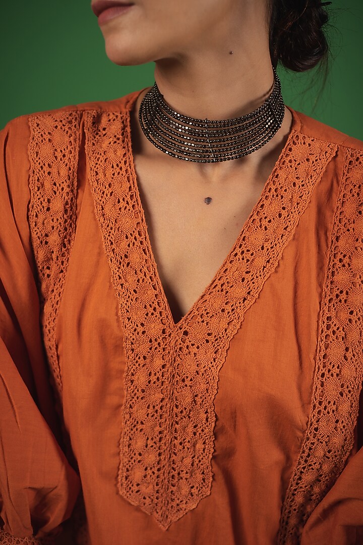 Rust Orange Organic Cotton Crochet Lace Kaftan Kurta Set by Avaasya Jaipur at Pernia's Pop Up Shop