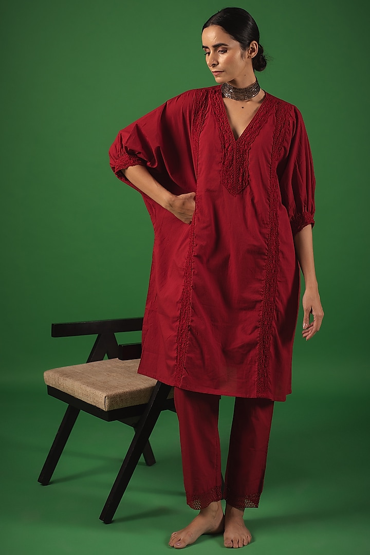 Crimson Red Organic Cotton Crochet Lace Kaftan Kurta Set by Avaasya Jaipur