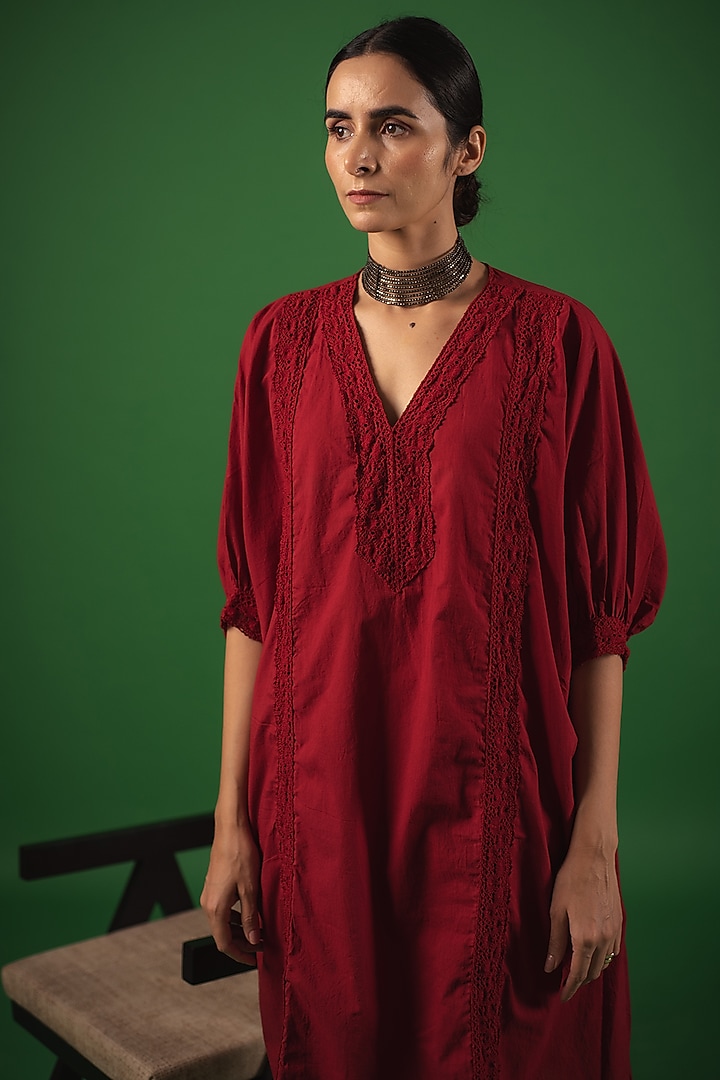 Crimson Red Organic Cotton Crochet Lace Kaftan Kurta Set by Avaasya Jaipur at Pernia's Pop Up Shop