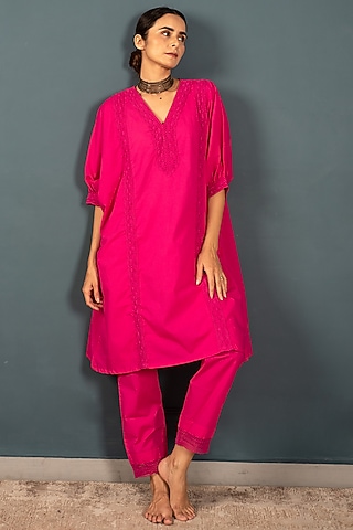Electric Pink Organic Cotton Crochet Lace Kaftan Kurta Set by Avaasya Jaipur