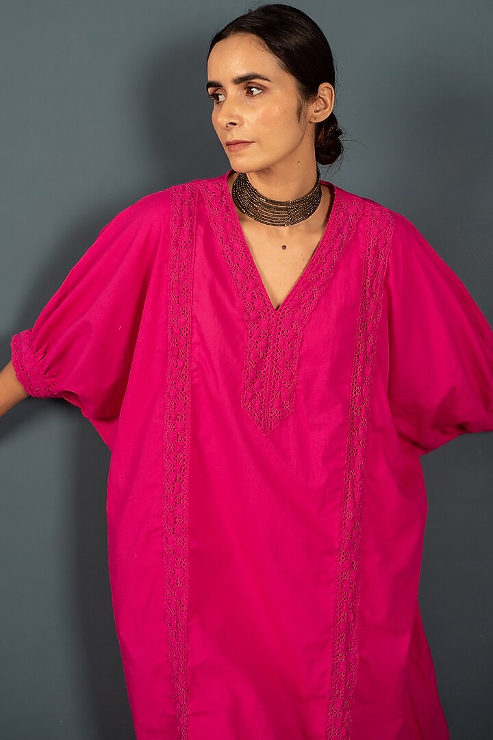 Electric Pink Organic Cotton Crochet Lace Kaftan Kurta Set by Avaasya Jaipur at Pernia's Pop Up Shop