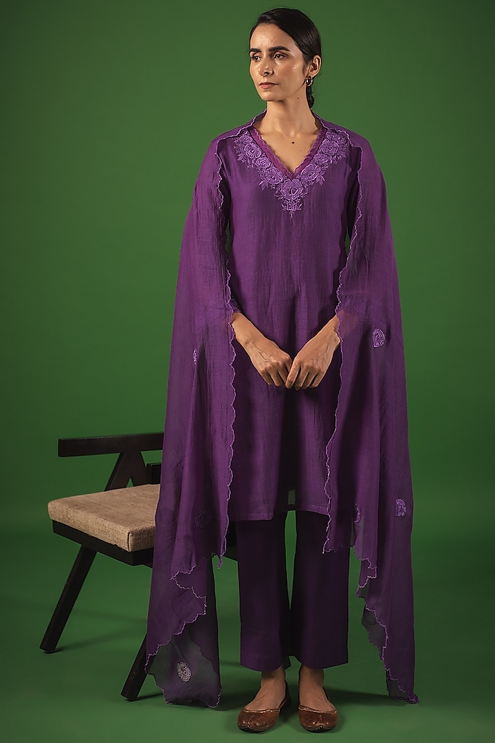 Plum Purple Handloom Chanderi Resham Embroidered Straight Kurta Set by Avaasya Jaipur