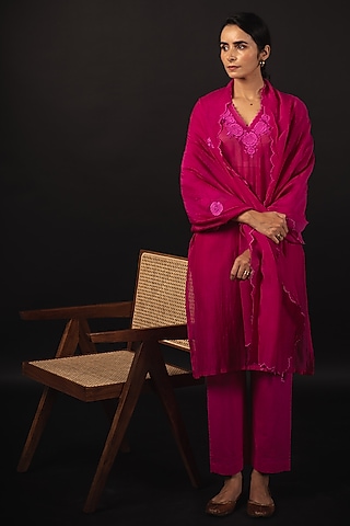 Electric Pink Handloom Chanderi Resham Embroidered Straight Kurta Set by Avaasya Jaipur