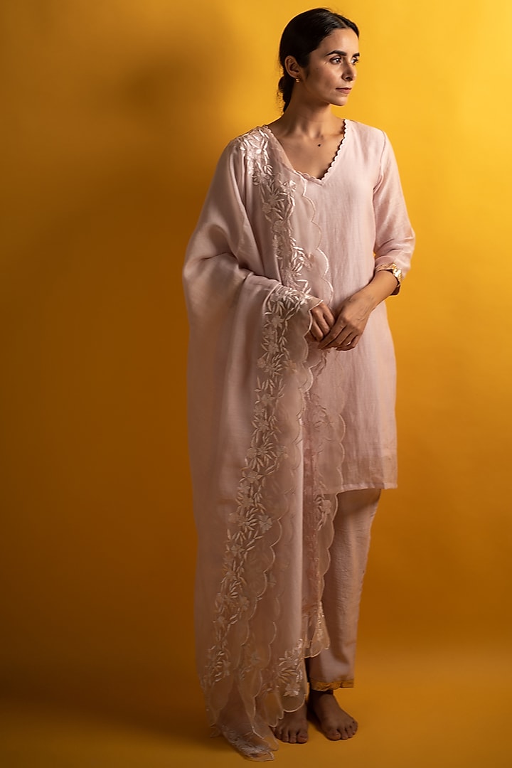Blush Pink Handloom Chanderi Embellished Kurta Set by Avaasya Jaipur