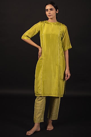 Lime Pure Habutai Silk Gota Patti Kurta Set by Avaasya Jaipur