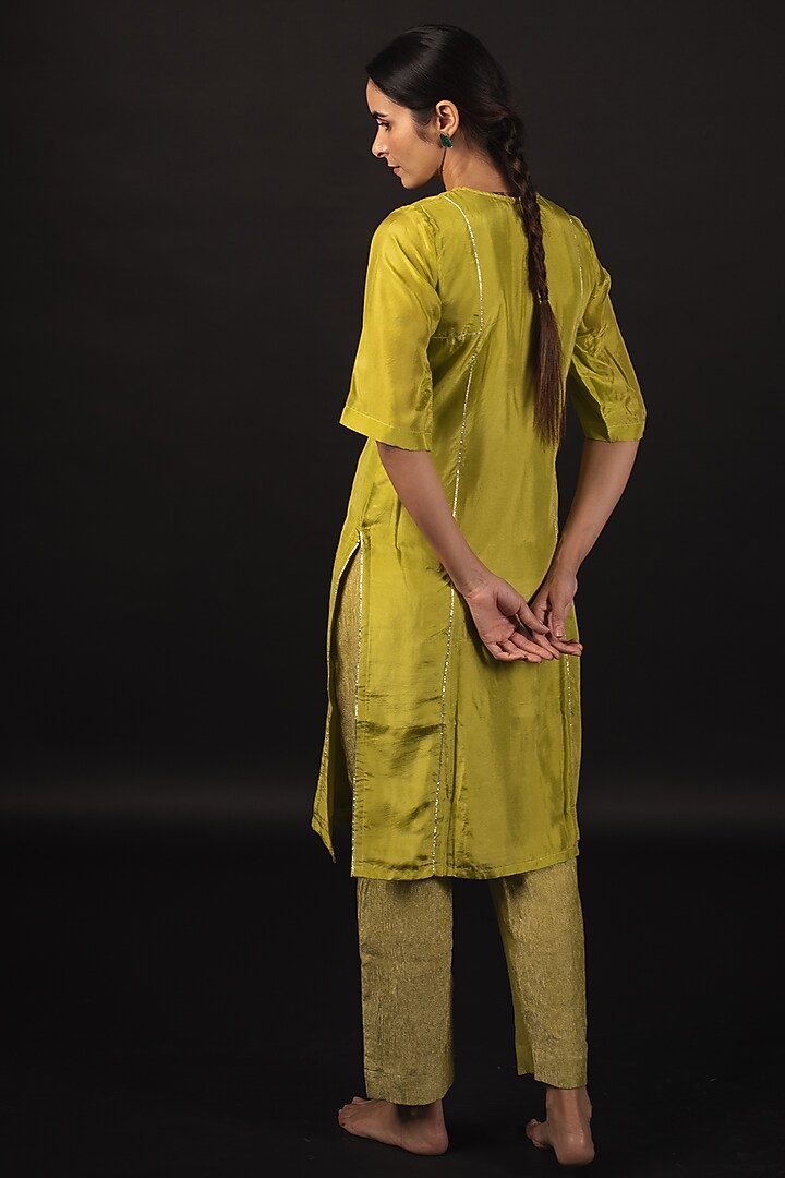 Lime Pure Habutai Silk Gota Patti Kurta Set by Avaasya Jaipur at Pernia's Pop Up Shop