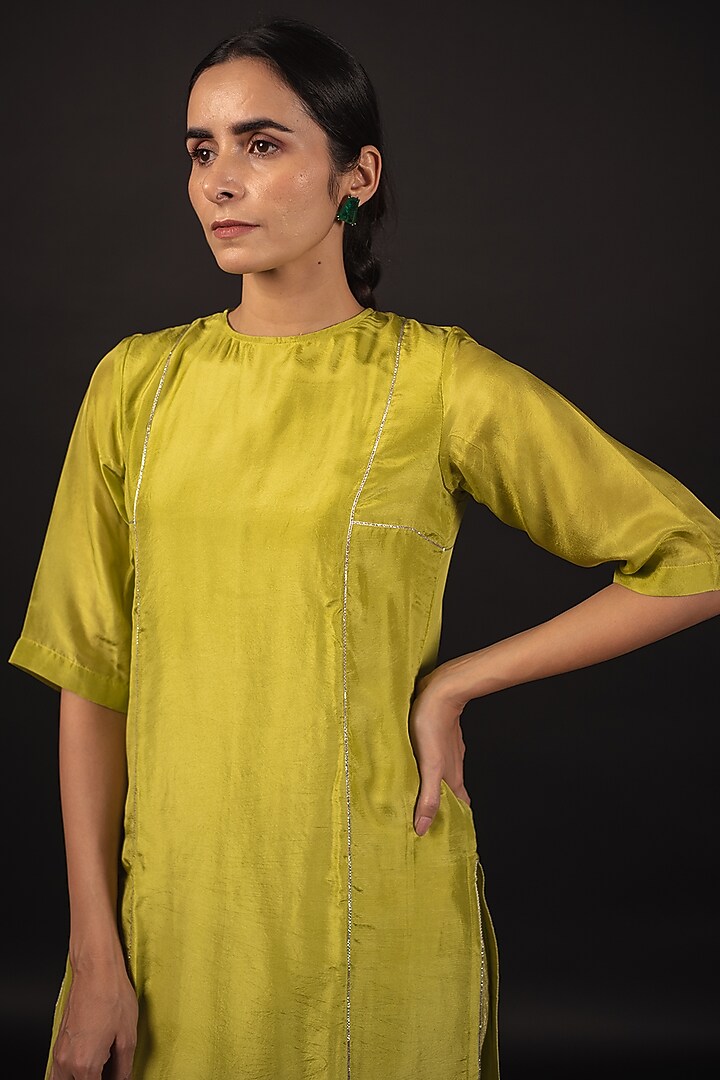 Lime Pure Habutai Silk Gota Patti Kurta Set by Avaasya Jaipur at Pernia's Pop Up Shop