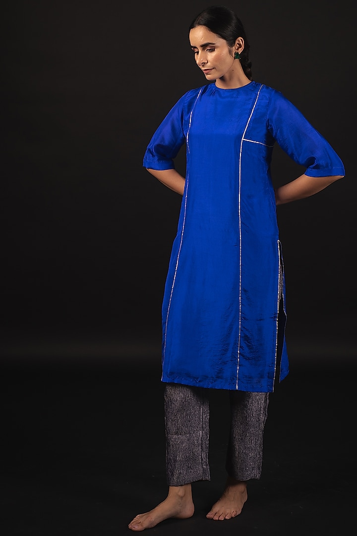 Royal Blue Pure Habutai Silk Gota Patti Kurta Set by Avaasya Jaipur
