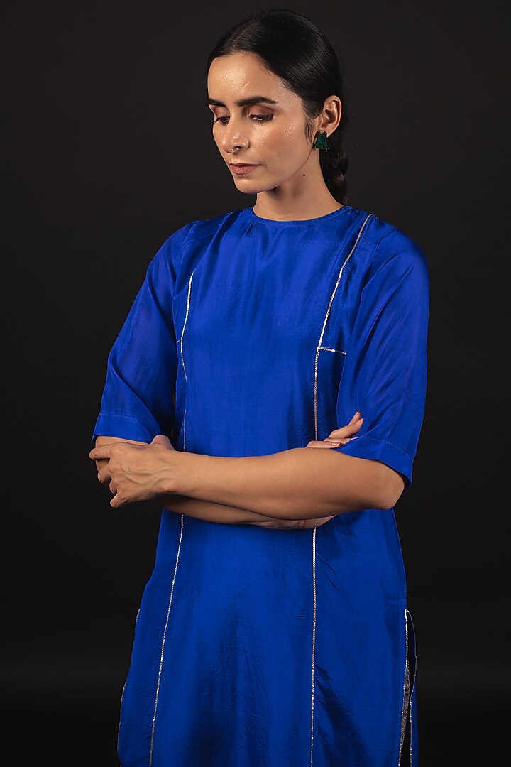 Royal Blue Pure Habutai Silk Gota Patti Kurta Set by Avaasya Jaipur at Pernia's Pop Up Shop