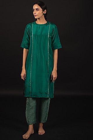 Dark Teal Green Pure Habutai Silk Gota Patti Kurta Set by Avaasya Jaipur