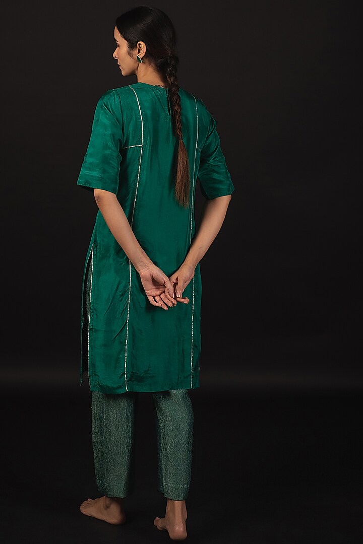 Dark Teal Green Pure Habutai Silk Gota Patti Kurta Set by Avaasya Jaipur at Pernia's Pop Up Shop