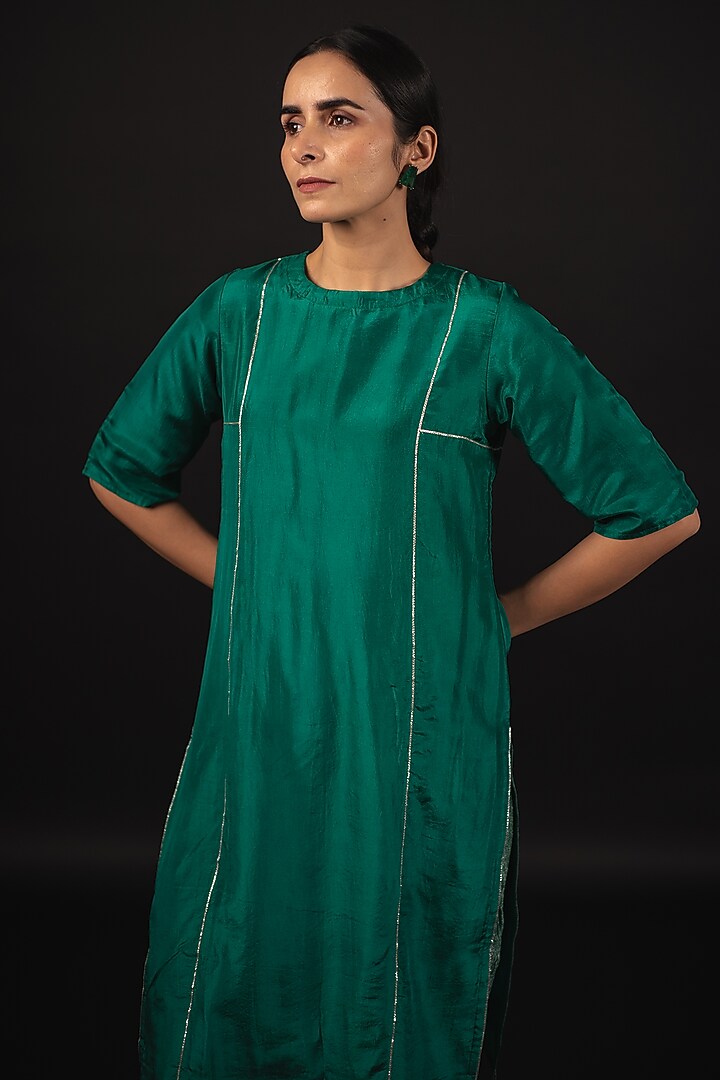 Dark Teal Green Pure Habutai Silk Gota Patti Kurta Set by Avaasya Jaipur at Pernia's Pop Up Shop