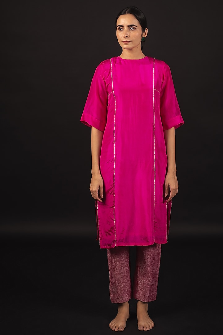 Electric Pink Pure Habutai Silk Gota Patti Kurta Set by Avaasya Jaipur
