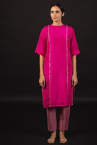 Electric Pink Pure Habutai Silk Gota Patti Kurta Set by Avaasya Jaipur