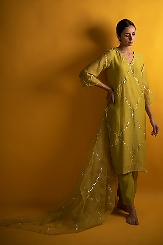 Lime Handloom Chanderi Gota Work Kurta Set by Avaasya Jaipur