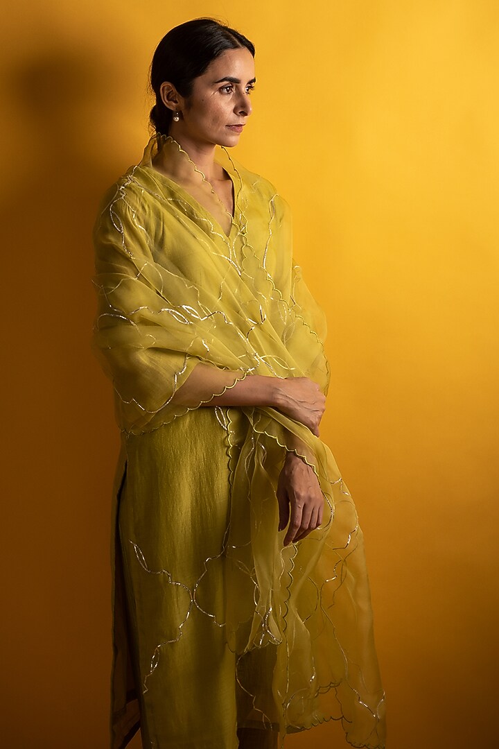 Lime Handloom Chanderi Gota Work Kurta Set by Avaasya Jaipur at Pernia's Pop Up Shop