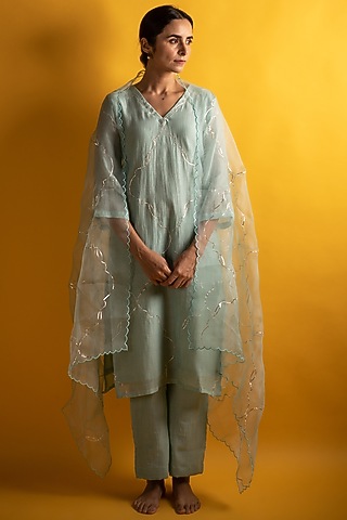 Eucalyptus Handloom Chanderi Gota Work Kurta Set by Avaasya Jaipur